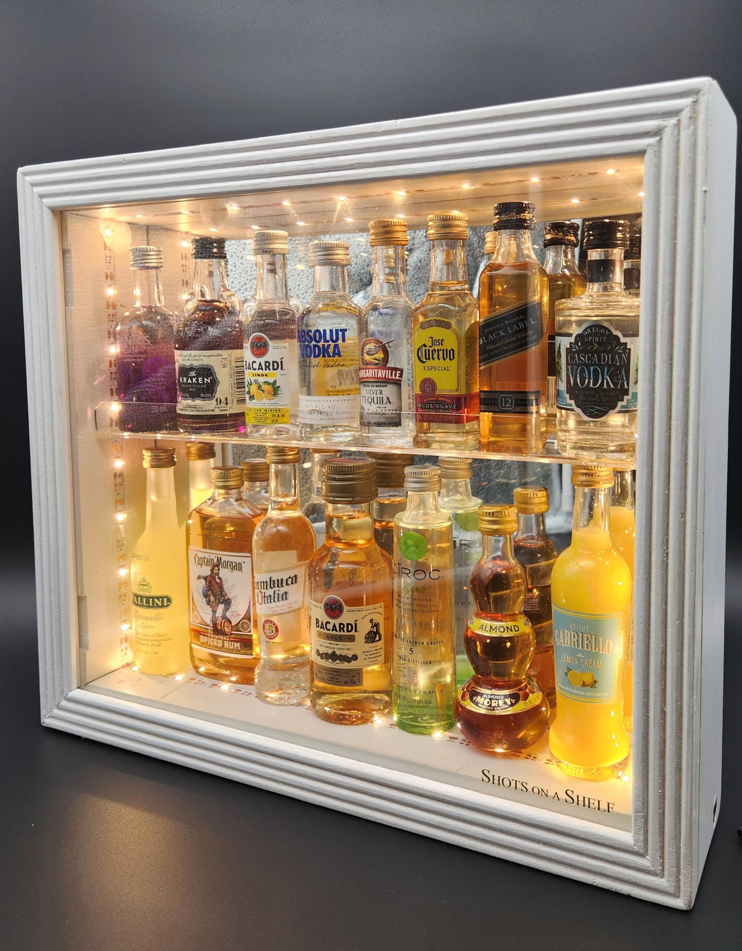 Shots On A Shelf - The One & Only Miniature Liquor Bottle Cabinet. Led Lighting, Hinged Glass Door! Guests Will Love This Showcase! - White/Mirror