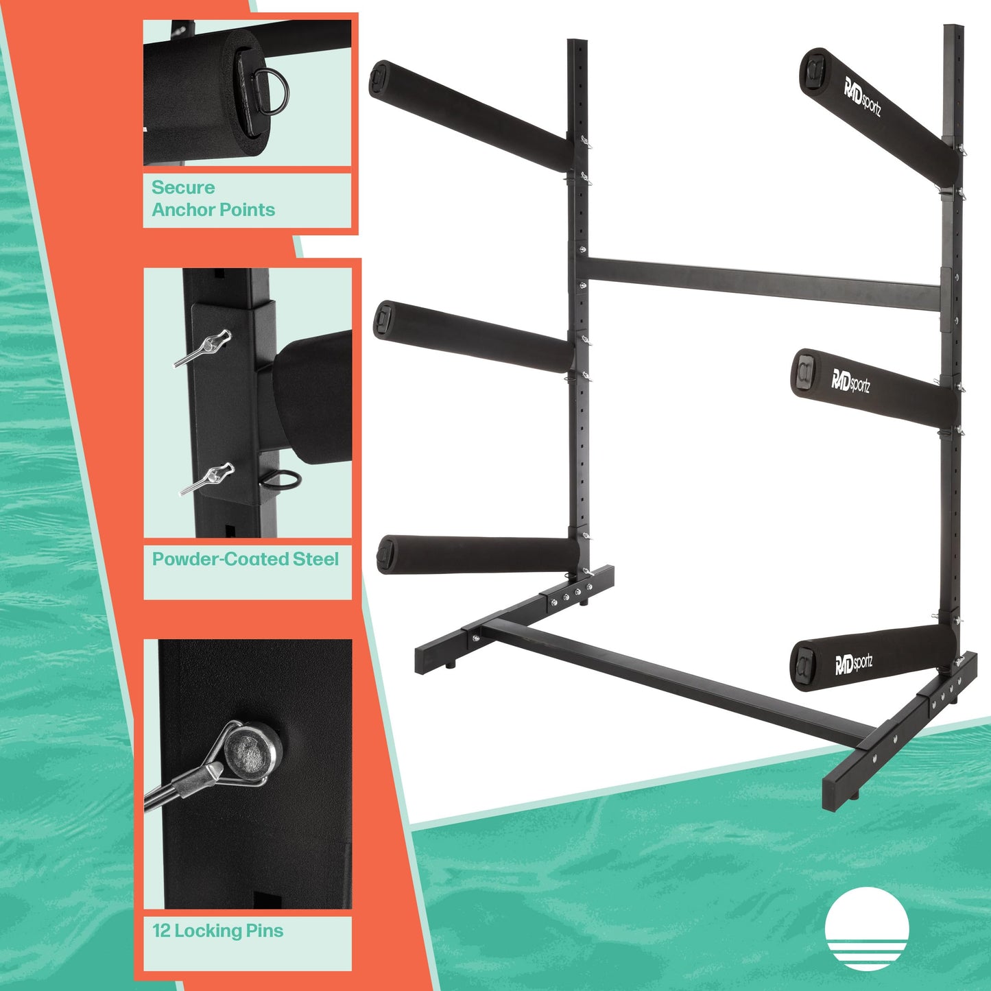 Rad Sportz Kayak Storage Rack - 3-Level Freestanding Adjustable Stand with Padded Arms and 300lb Capacity for Canoes, SUP, or Paddleboards (Black)