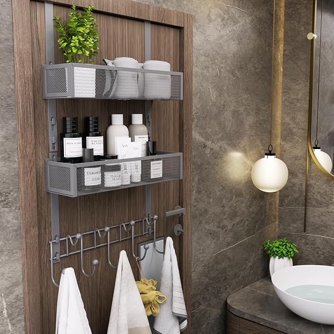 Consumest Over The Door Hooks Organizer - Extra Long Door Hanger with 9 Coat Hooks & 2 Mesh Basket, Back Storage Organizer Hanging Towels for Bathroom, Bedroom - Grey (for 1.76 in Doors)