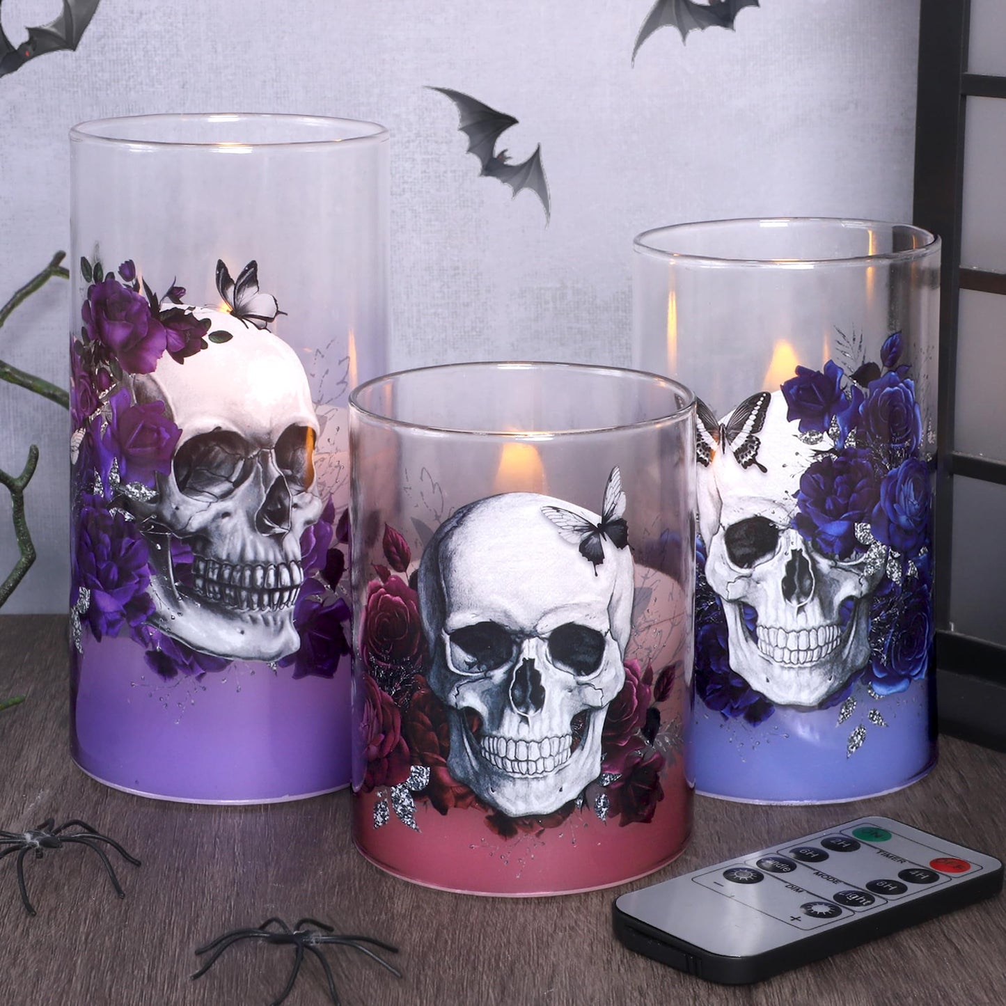 Immeiscent Halloween Glass Flameless Candles Romantic Gothic Skull Floral Battery Operated Remote Timer Flickering LED Pillar Candle for Wedding Party Goth Bathroom Decor