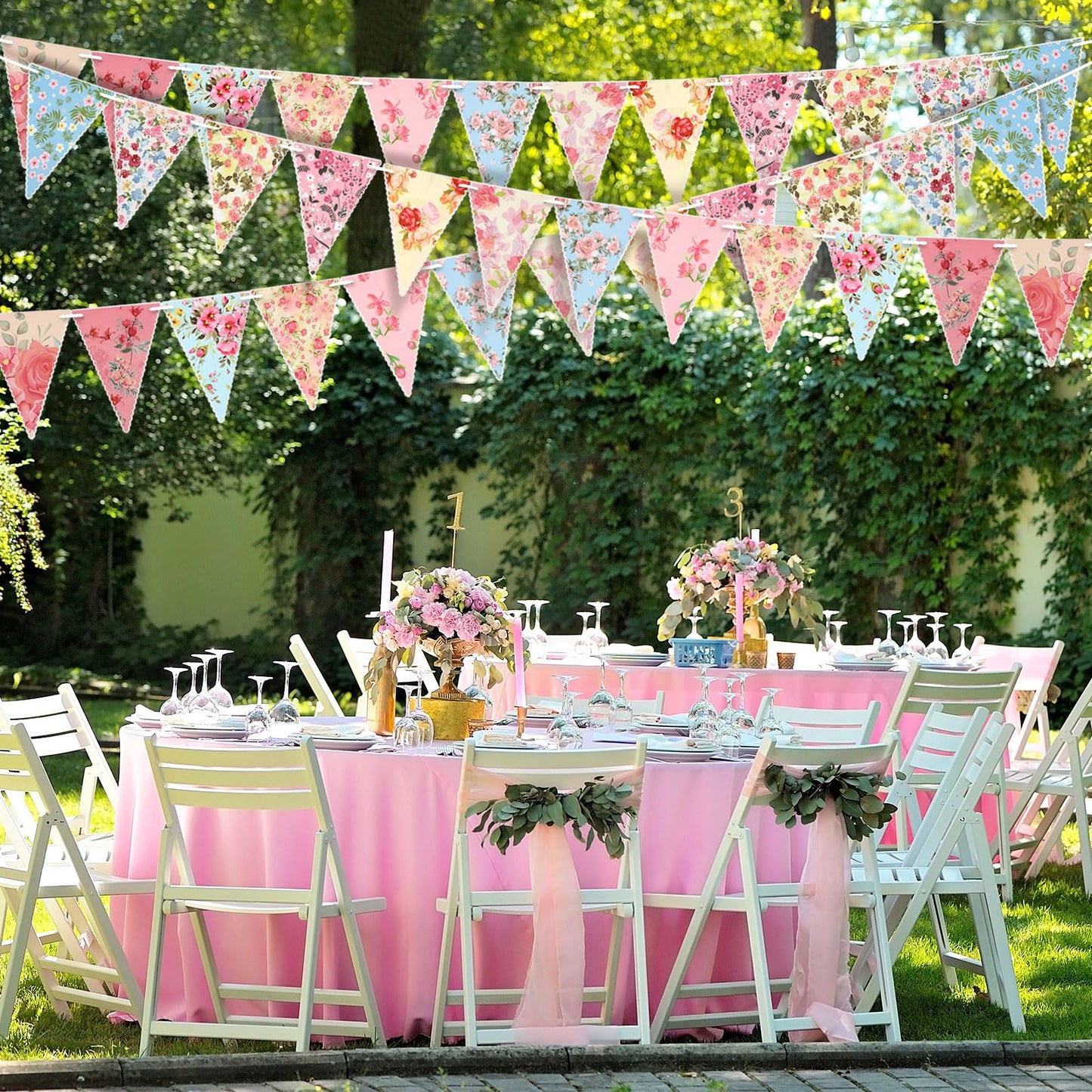 Funtery 5 Pcs Retro Bright Floral Paper Garland Chic Tea Party Decorations Wildflower Garland Floral Triangle Banner for Wedding Birthday Parties Festivals Home Outdoor Hanging Decorations