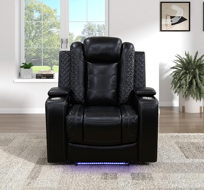 Caberryne Power Recliner Chair with LED Lights,Leather Reclining Couch with Storage Console/Arm Cup Holder for House/Home Theater/Small Space/Rv(Single Chair,Black)
