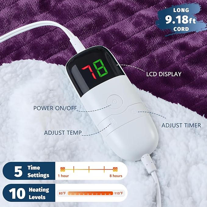 BOMOVA Heated Electric Blanket Twin - 62" x 84" Heating Blanket with 10 Heating Levels & 8 Hours Auto Off, Warm Flannel Blanket, Christmas Birthday Gifts for Women