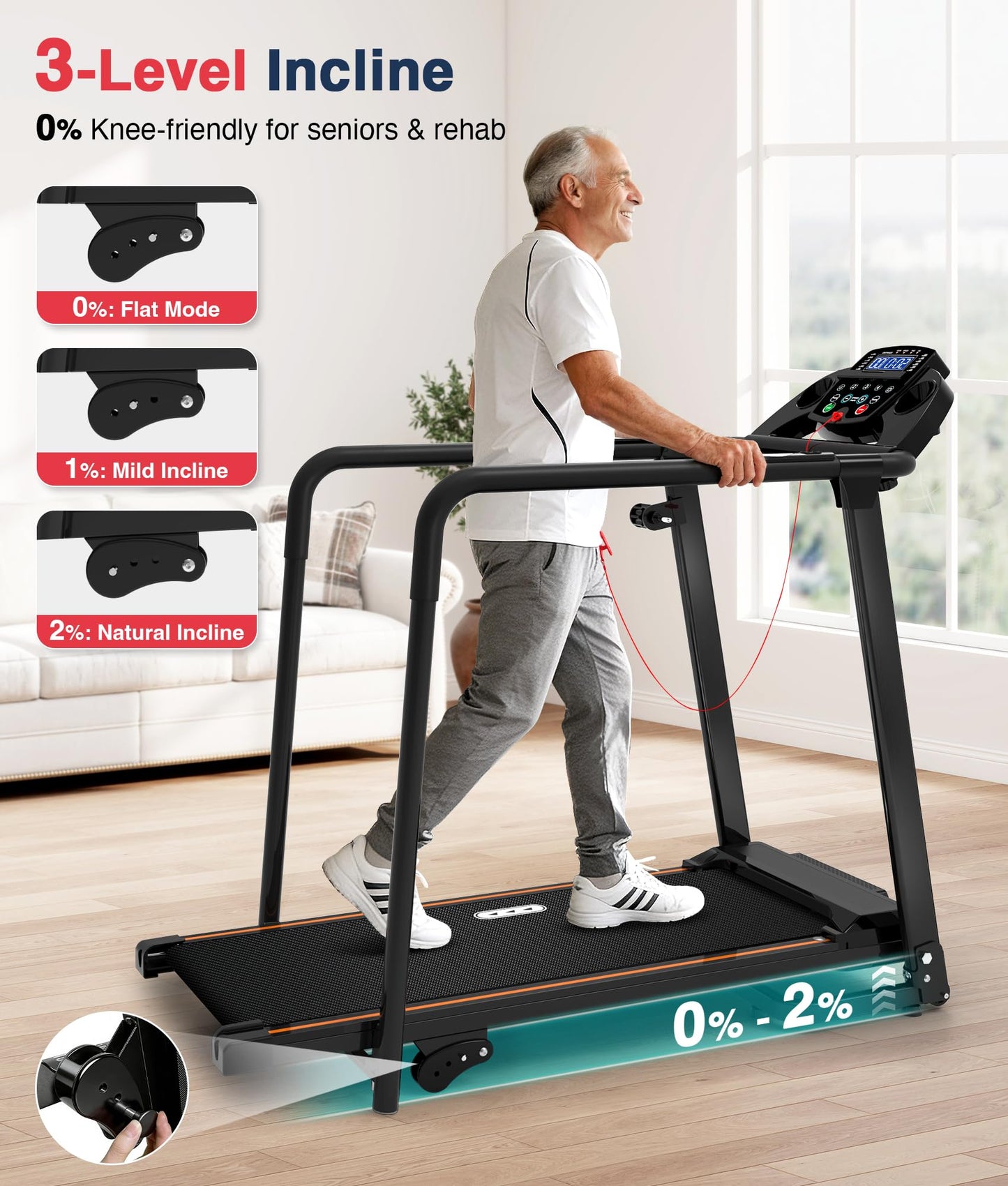 Redliro Treadmill for Seniors with Long Handrails - 300 lb Capacity, 0%-2% Incline, Foldable Compact Rehab Walker with Screen-Off & Mute Buttons, Wheels, Cup/Phone Holder for Home Apartment Exercise