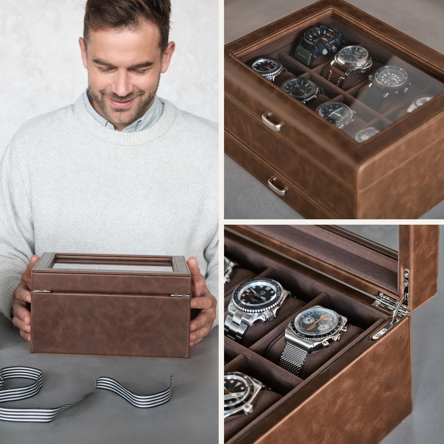 TAWBURY 8 Slot Watch Box with Storage Drawer – Premium Watch Storage Case for Men | 2.2-inch Wide Pillows Hold Small & Ovesized Watches (Brown)