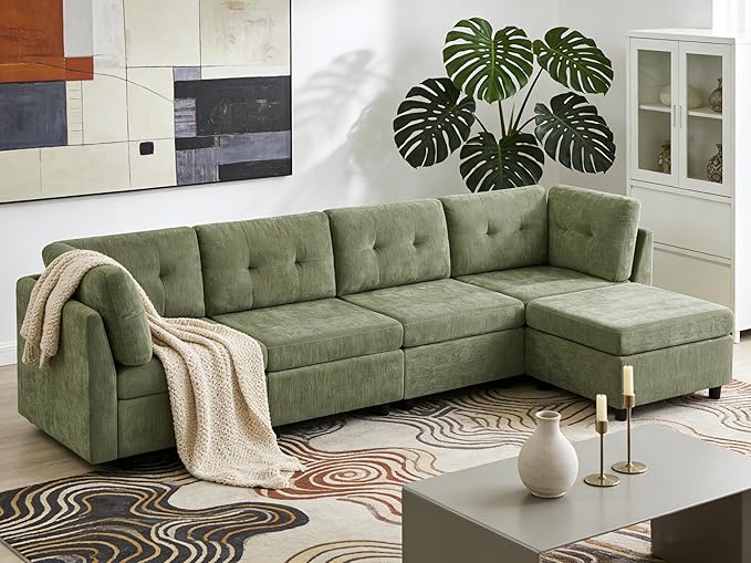 VANOMi 118" Cloud Couches for Living Room with Ottoman, 4 Seater Modular Sectional Sofas & Couches, Cozy Chenille Cloud Sectional Couch Sofa for Apartment, Office, Olive Green, L Shaped