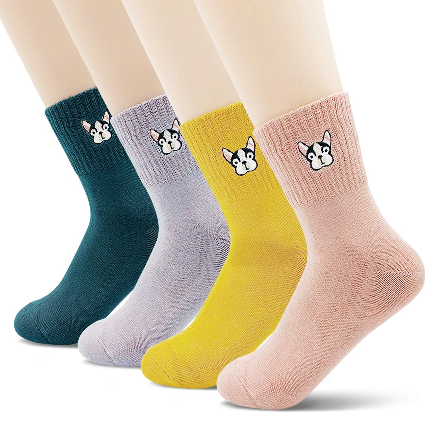 Jinny's Shoppe Women’s Cute Crew Socks Gift Set – 3/5 Pairs Warm Cotton Novelty Holiday Socks for Christmas, Birthday, Valentine’s Gift (Bulldog Embroidery)