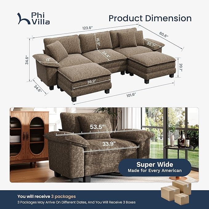 PHI VILLA Cloud Modular Couch Sets, 123.6" Sectional Sofa with U-Shaped Chaise, 5-Seater Couches with 2 Movable Ottomans for Living Room, Chenille Fabric, Taupe