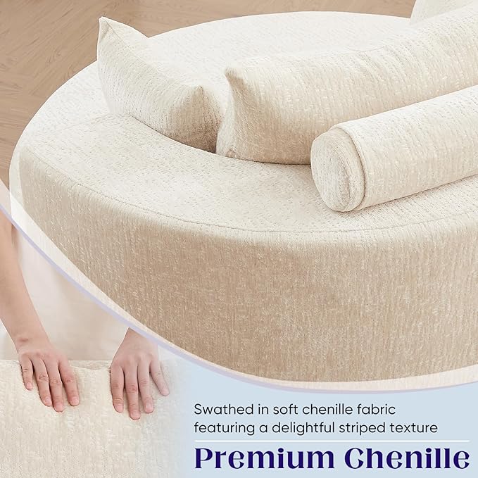 Oversized Round Swivel Chaise Longue Chair Indoor, Modern 55-inch 360 Degree Swivel Upholstered Chenille Deep Seat Circle Single Cloud Sofa Chair for Living Room Bedroom Apartment Office, Beige