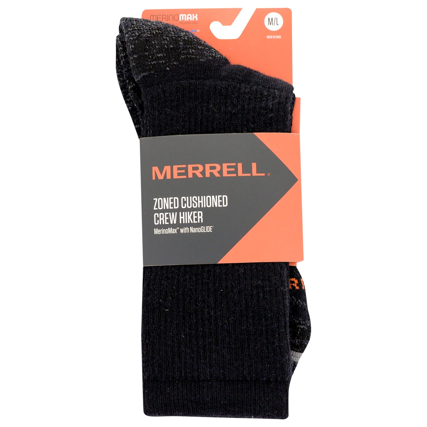 Merrell Men's and Women's Zoned Cushioned Wool Hiking Crew Socks-1 Pair Pack-Breathable Arch Support, Black, Large-X-Large