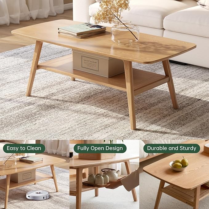 Wayshome 100% Solid Oak Wood Coffee Table for Living Room, 2-Tier Coffee Tables with Shelf Storage, Mid Century Modern Table with Rounded Corners (Natural Colour, 47.24" W x22.05 D x 17.32" H)