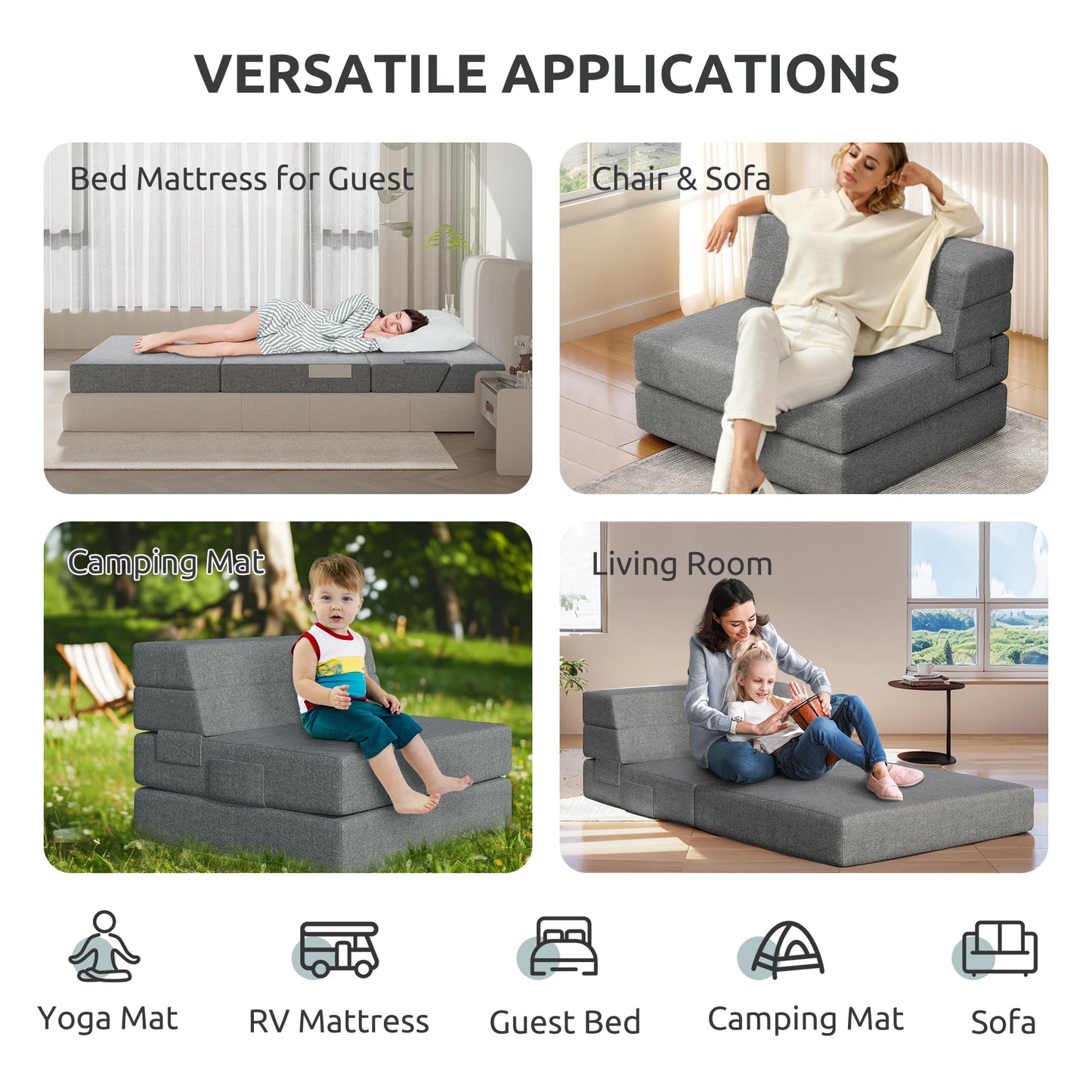 Youzi Folding Sofa Bed, Foldable Mattress for Bedroom and Living Room, 6 Inches Single Four-fold Floor Sofas for Guests, Sofa Bed Chair Floor Mattress with Washable Cover, Dark Gray, 75" x 25" x 6"
