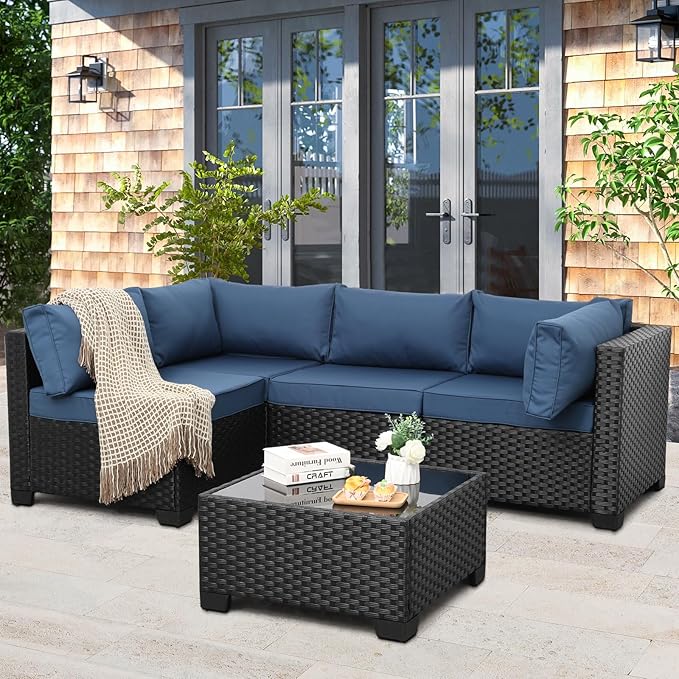 WAROOM Outdoor Patio PE Wicker 5 Piece Furniture Set, Black Rattan Sectional Conversation Sofa Chair with Coffee Table, Navy Blue Cushion