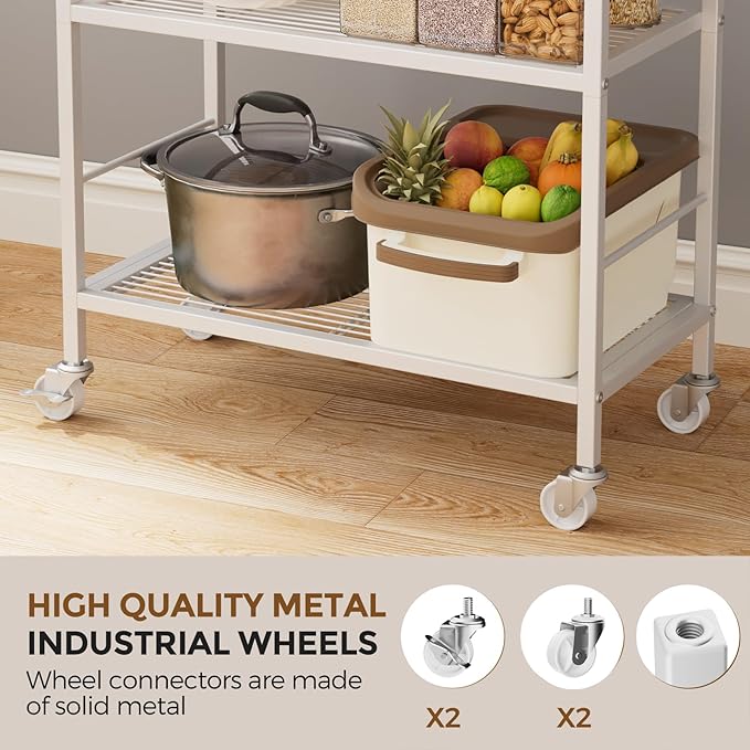 XIVIRACK 3-Tier Metal Storage Rack with Industrial Wheels,Mesh Shelving Unit with Wooden Table top,Adjustable Shelf,23.6-Inch Width,for Kitchen,Laundry,Pantry,Plant,Oak panel and white frame