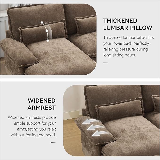 125" U Shaped Cloud Modular Sectional Couch for Living Room, Small Comfy Chenille Sofa with Double Chaise Lounge, Storage Central Console, Cup Holders, USB Port,Brown