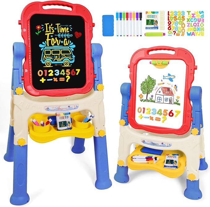 Joyooss Art Easel for Kids Adjustable Toddler Easel Stand for Painting, Magnetic Double Sided Drawing Dry Erase Board w Ch...