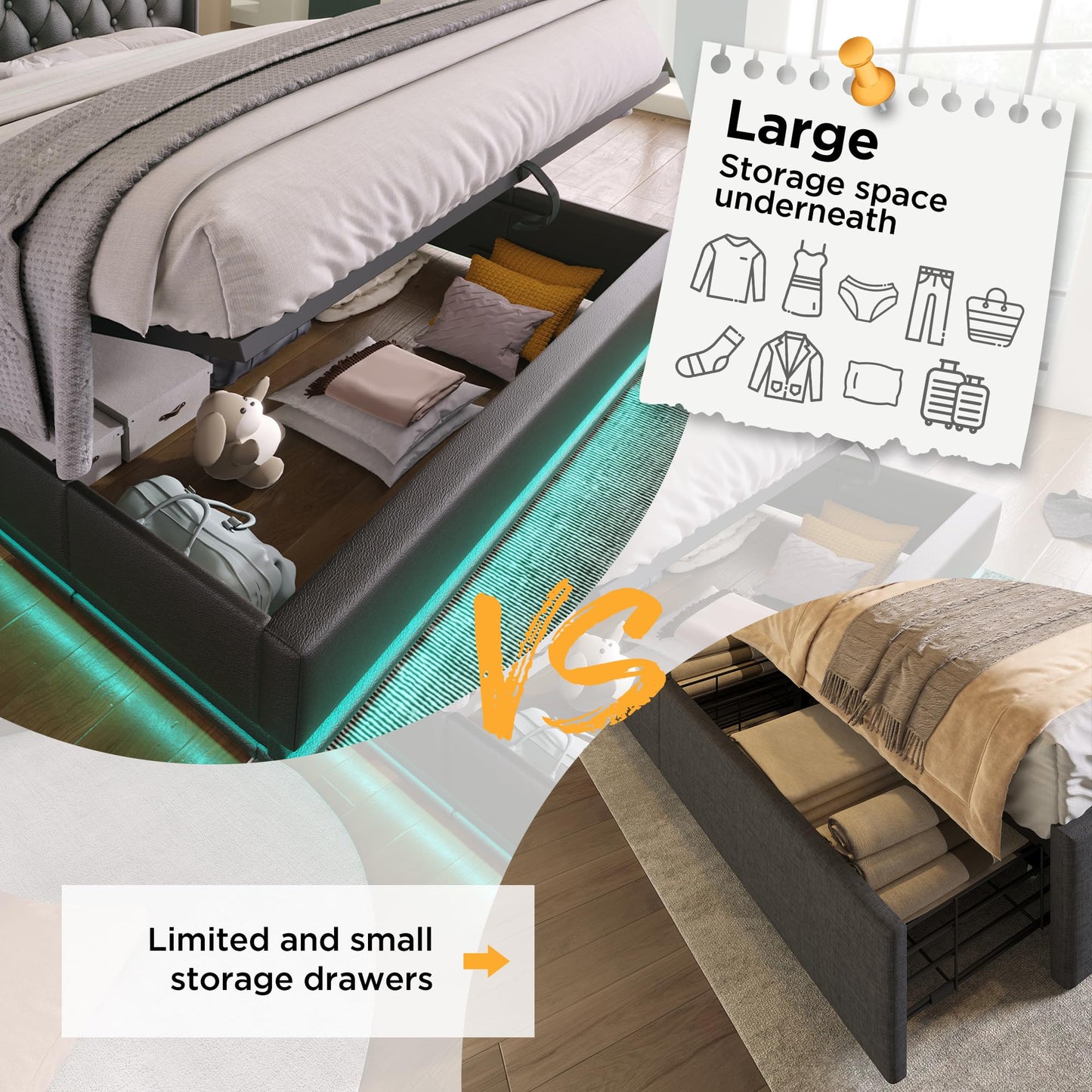 Queen Lift Up Bed with Charging Station & LED Lights, Upholstered Bed Frame with Modern Wingback Storage Headboard, Hydraulic Storage, Wood Slats Support, No Box Spring Needed, Easy Assembly, Black