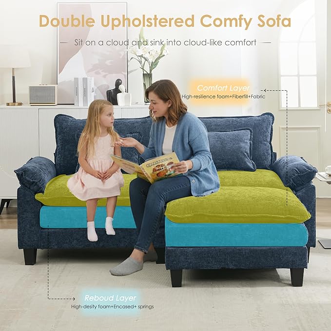 URRED Cloud Couch Modular Sectional Sofa, 87" Modern L Shaped Deep Seat Sofa with Ottoman & Pillows, Ultra Comfy Chenille Couches for Living Room, Bedroom or Apartment, Blue