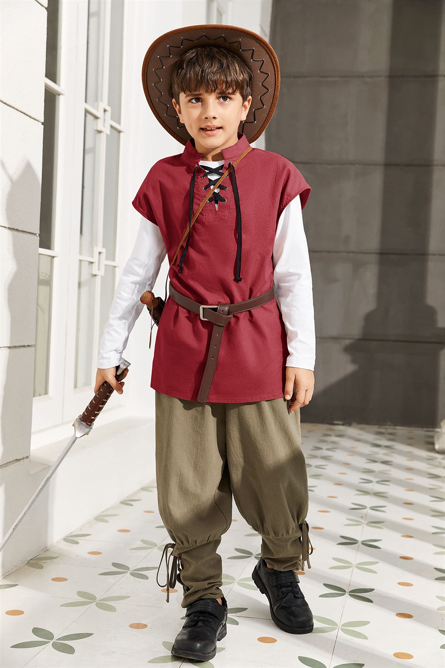 Boys Kids Renaissance Pirate T Shirts Viking Medieval Sleeveless Lace Up Costume Scottish Cotton Tank Tops