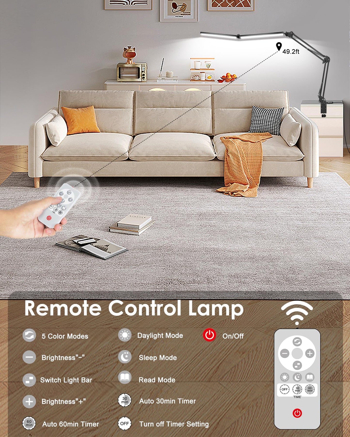 LED Desk Lamp with Clamp, Double Head with Remote Control, 55" Adjustable Swing Arm Architect Desk Lamp, Memory Function for Home Office, Workbench, Reading, Craft, Drafting