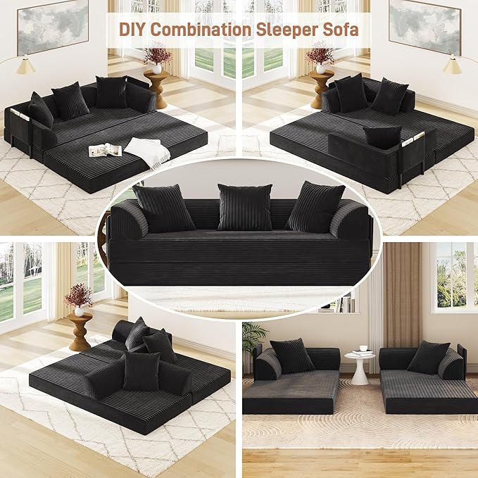 Folding Convertible Sofa Bed with 3 Pillows, 79 " Corduroy Boneless Couch with Armrest Pockets, Lounge Loveseat Sleeper with Pull Out Bed, Memory Foam Compressed Sofa for Living Room Bedroom, Black