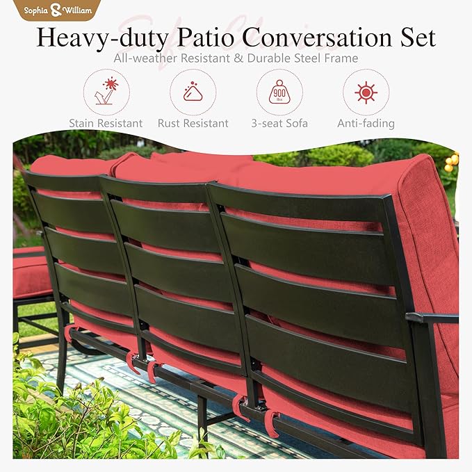 Sophia & William Patio Furniture Sets 7 Seats Outdoor Conversation Set 6 Pcs,2 x Cushioned Swivel Sofa Chairs,1 x 3-Seat Sofa,2 Ottomans, Marbling Metal Coffee Table Patio Backyard Poolside Red