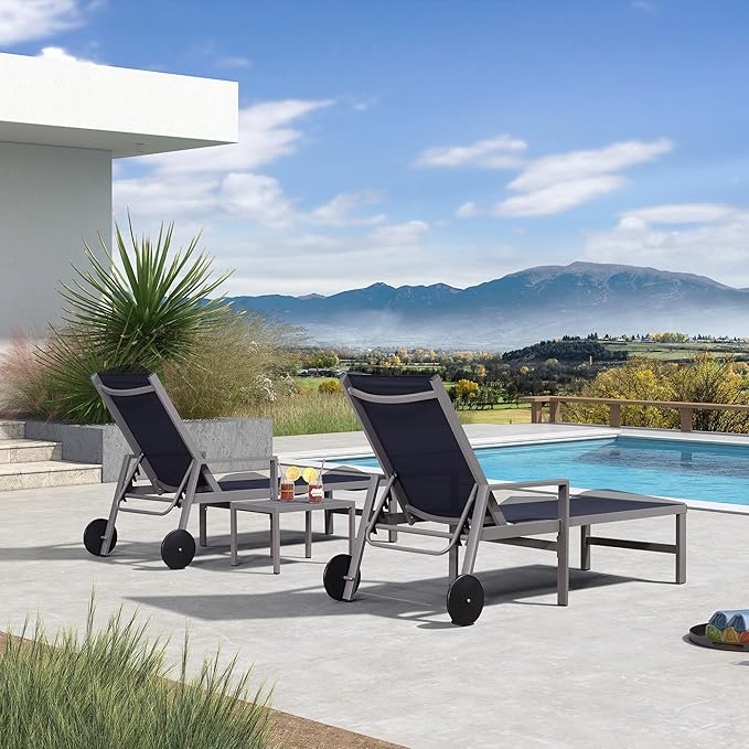 PURPLE LEAF Outdoor Chaise Lounge Set for 2 Aluminum Patio Chaise Lounger Chairs with Armrest and Wheels Adjustable Pool Chaise Lounge Chair for Beach Yard Poolside Table Included, Navy Blue