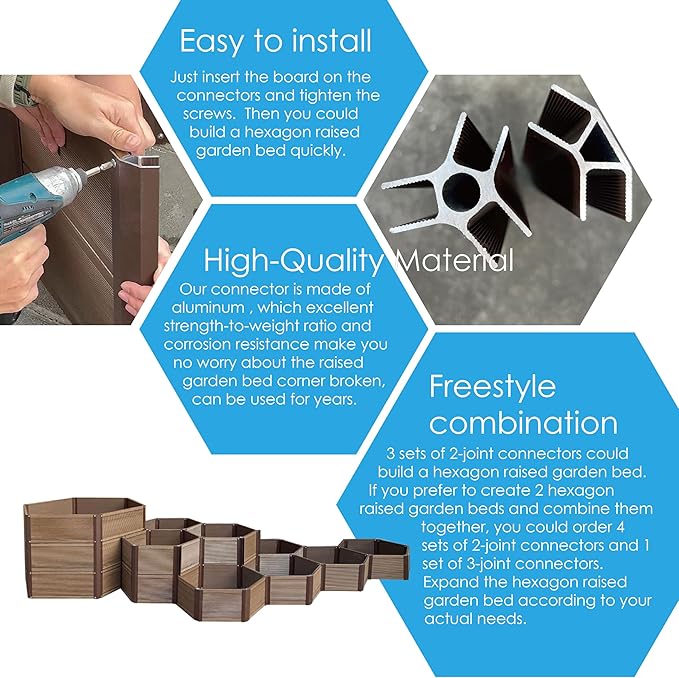 Aluco Wood 3-Joint Aluminum Connector Kit for Hexagon Raised Garden Bed, Corner Brackets for Planter, 2Pack and Complete with 2Pcs Corner Caps (H:7.8inch)