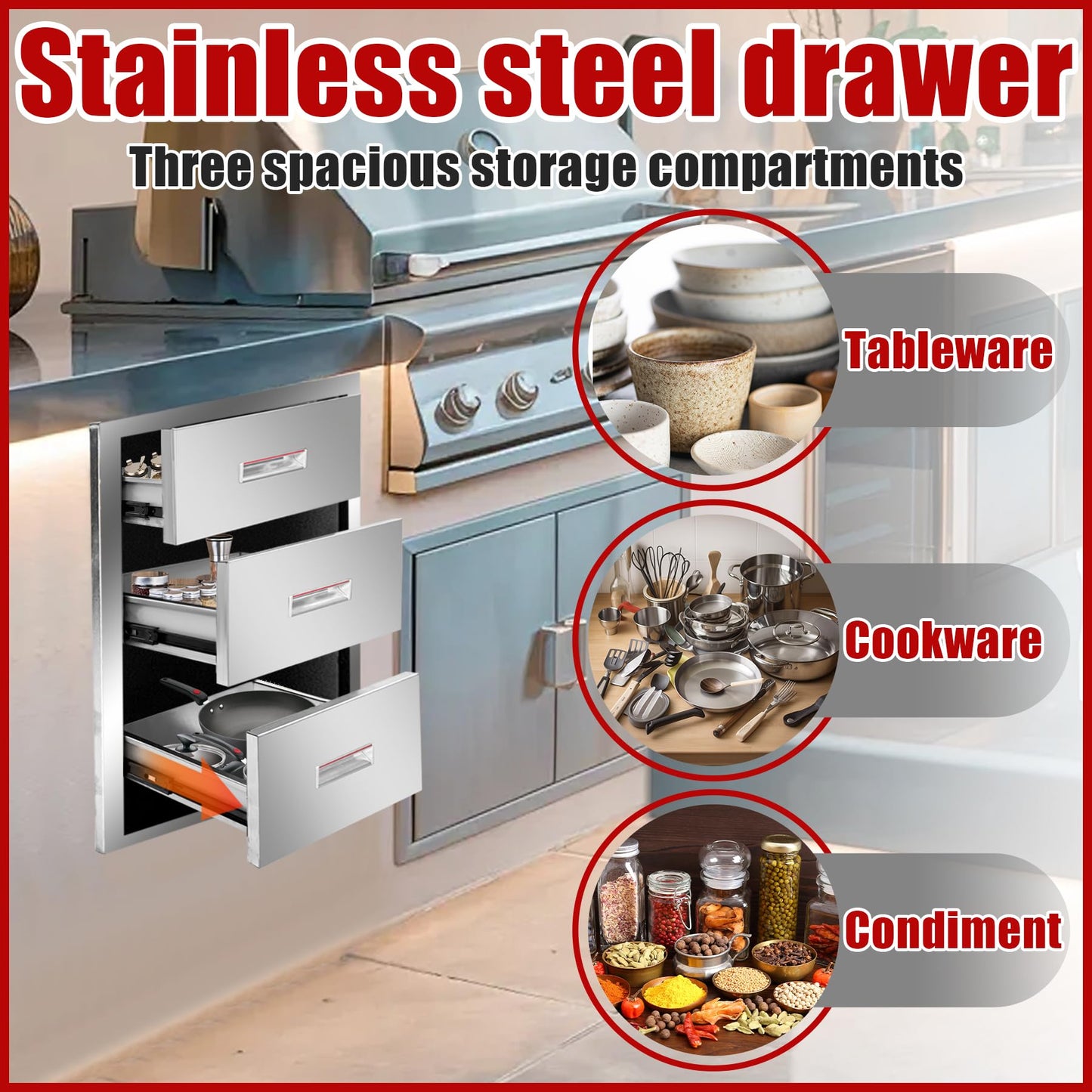 Fsehyue Outdoor Kitchen Triple Layer Drawer 16'' W x 21.6'' H x 18'' D Flush Mount BBQ Access Drawers Stainless Steel BBQ Island Drawers with Handle Suitable for Outdoor Kitchen Island Grill Station