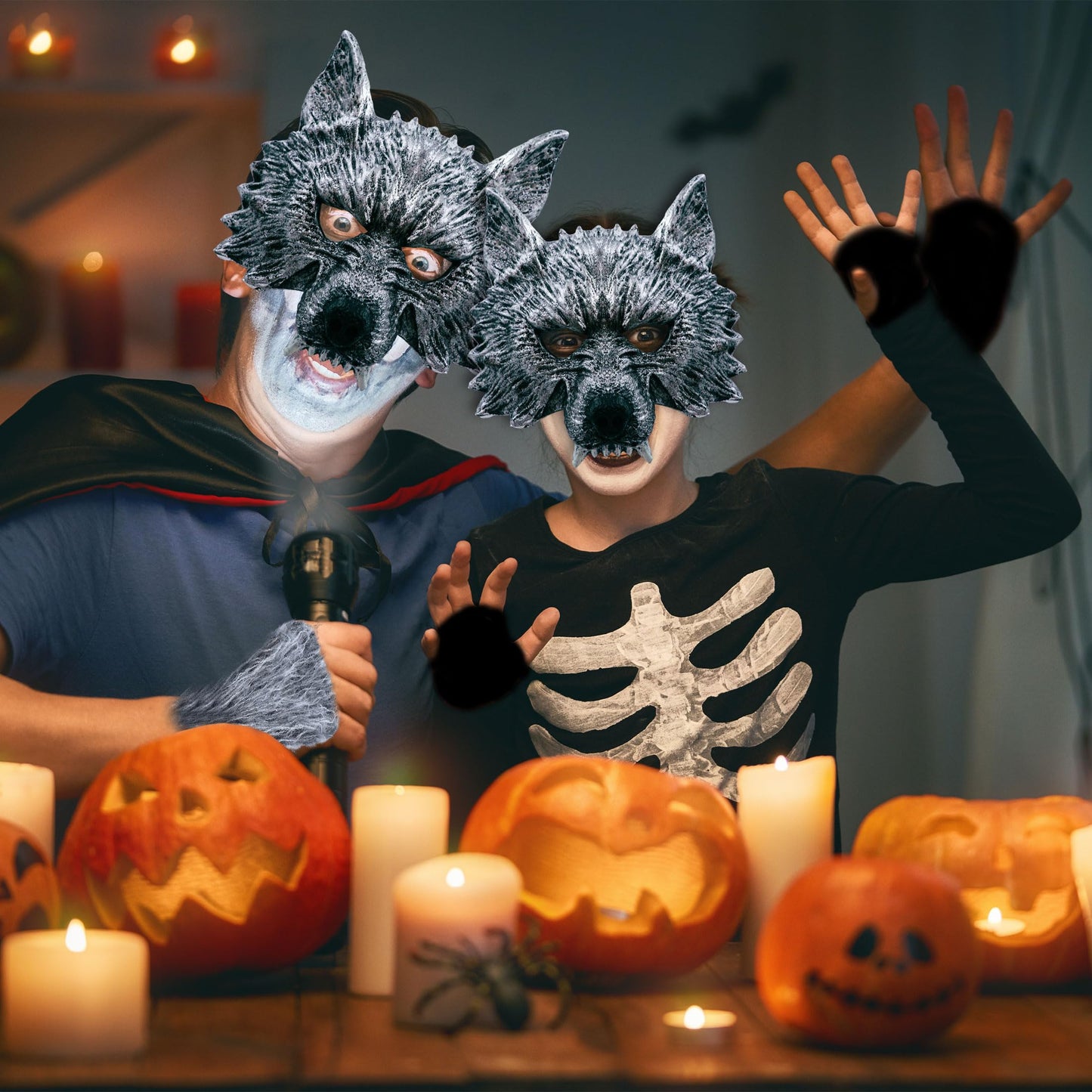 D-Fokes 4 PCS Werewolf Costume Set - Realistic Wolf Mask, Gloves and Tail - Adult & Kids Cosplay Halloween Wolf Mask