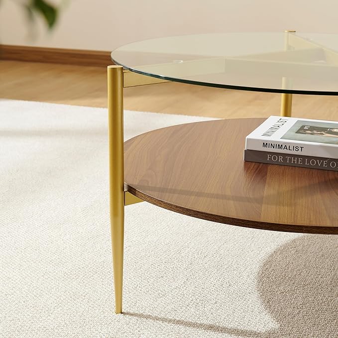 Pine Flicker Round Coffee Table, Mid-Century Modern Design, D30*H17 inch, for Living Room, 2-Tier Structure, Clear Glass Top and Walnut MDF Shelf, Sleek Conical Metal Legs with Gold Finish