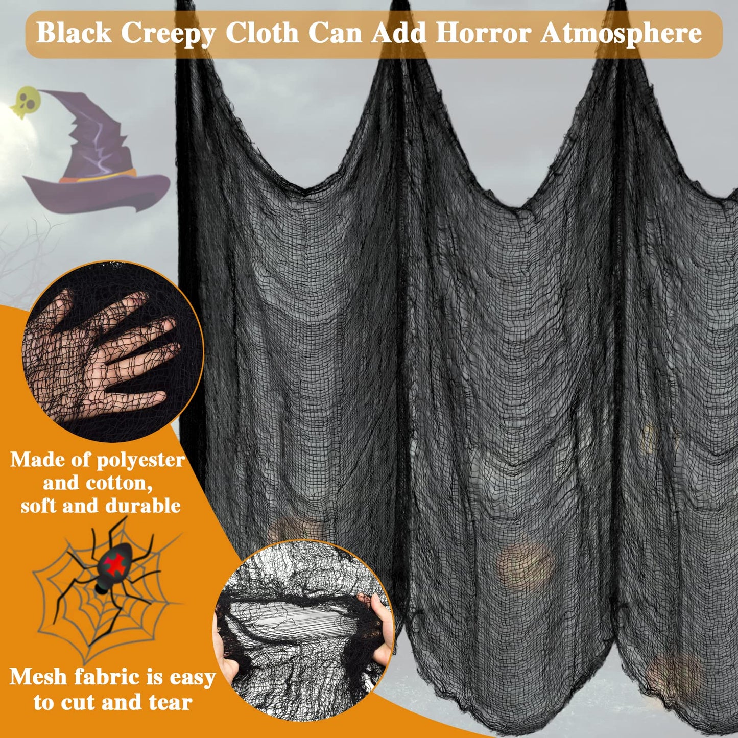 Halatool 4 PCS Halloween Creepy Cloth 30 X 90 in Black Spooky Cheesecloth Scary Hanging Gauze Decor for Halloween Party Supplies Haunted Houses Windows Doorways Indoors & Outdoors