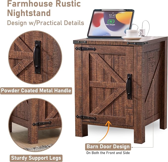OKD Nightstand w/Charging Station, 18 Inch Farmhouse End Table w/Barn Door and Adjustable Storage Shelf, Rustic Wood Sofa Side Table w/Magnetic Door for Living Room, Bedroom, Reclaimed Barnwood Color