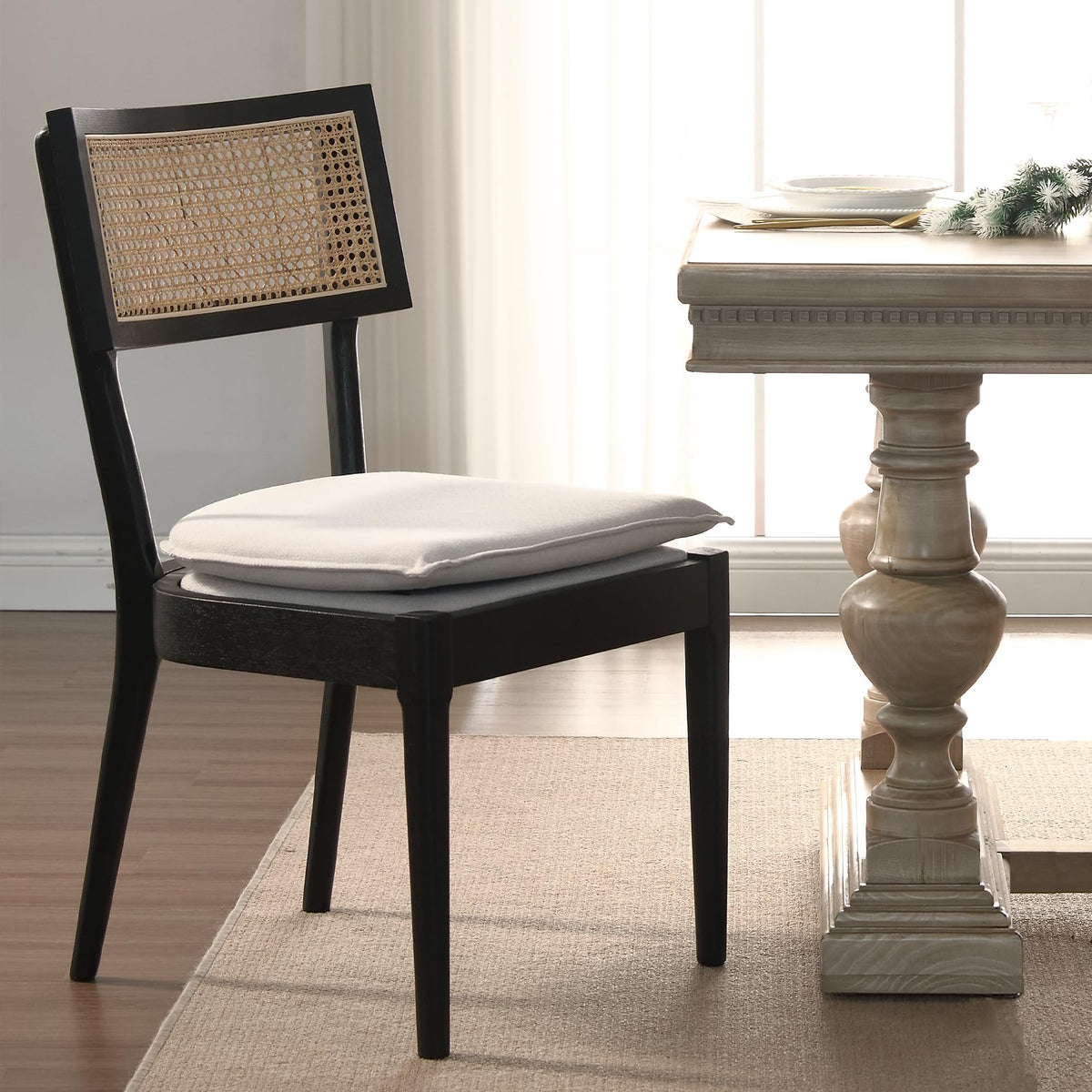ZH4YOU Black Rattan Dining Chair Set of 1, Linen Upholstered Kitchen Accent Chair with Cane Back French Country Side Chair with Brushed Wood Frame for Dining Room Living Room Bedroom