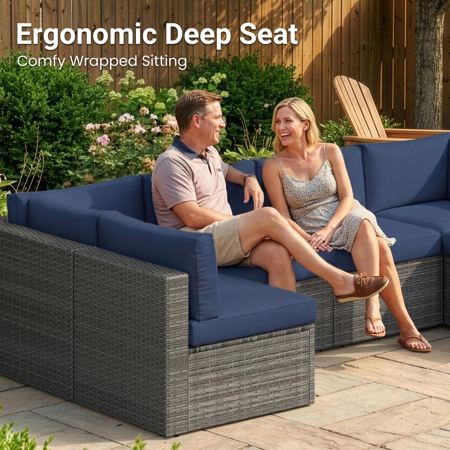 May in Color 7 Pieces Wicker Outdoor Patio Furniture Set, Patio Sectional Sofa with Coffee Table, All-Weather Outdoor Sectional Furniture for Garden Backyard, Navy Blue