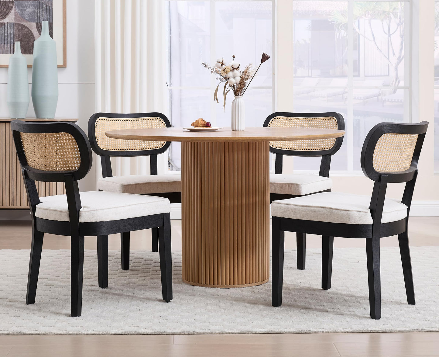 EALSON Mid Century Modern Rattan Dining Chairs Set of 4 Farmhouse Black Wood Kitchen Chairs with Cane Back Linen Upholstered Accent Armless Chairs for Dining/Living Room Restaurant, Beige