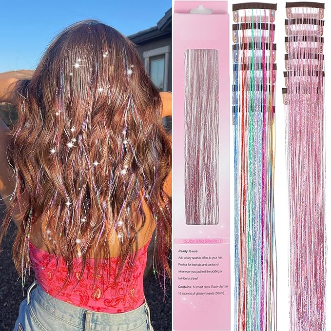 Hair Tinsel 12 Pcs Clip in Hair Tinsel Kit for Girls 22 Inch Glitter Fairy Tinsel Hair Extensions Colorful Heat Resistant ...