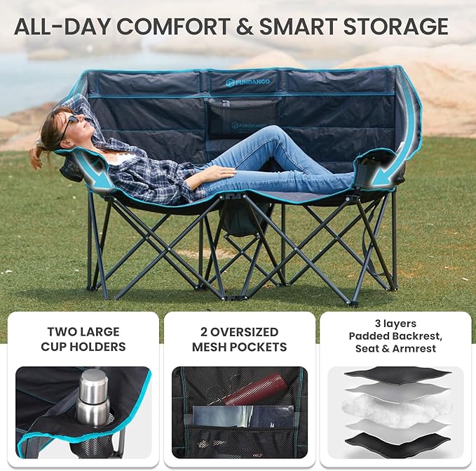 FUNDANGO Extra Wide Double Camping Chair for Adults with Cooler, Oversized 2 Person Loveseat, Padded Heavy Duty Two Person Folding Lawn Couch seat with Cup Holders for Outdoor, Camp, Sports & Lawn