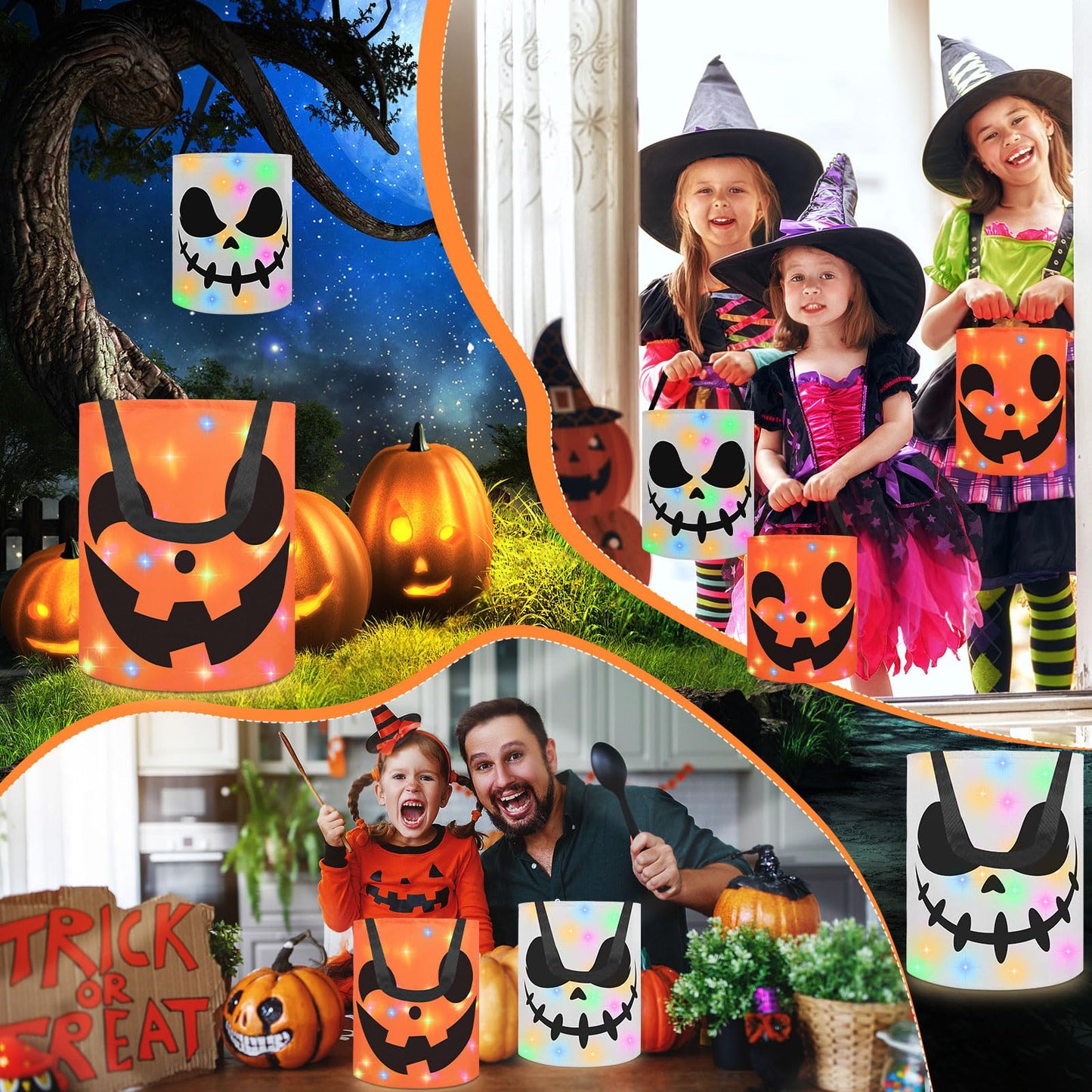 CCINEE 2Pcs Light Up Halloween Trick Or Treat Bucket, Kids Candy Bags for Halloween Party Favors LED Glow in The Dark Goodie Bags for Trick Or Treat Candy Gifts