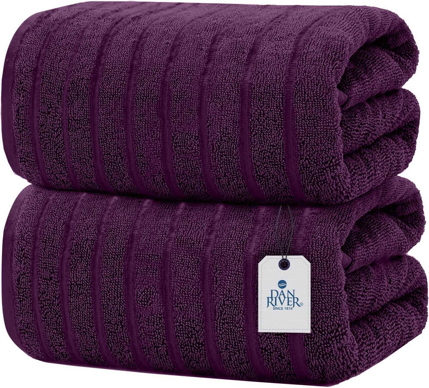 Dan River Pack of 2 Bath Sheet 35x70 Inches, Oversized Ribbed Quick Dry Towel, Soft Luxury Towels for Bathroom - Purple Passion