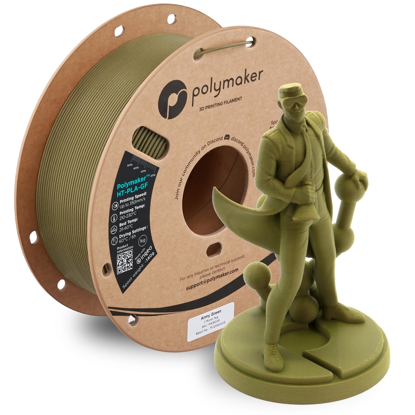 Polymaker HT-PLA-GF Filament 1.75mm Army Green, High Temp PLA for 3D Printing, Heat Resistant to 150C, Easy to Print, Easy to An