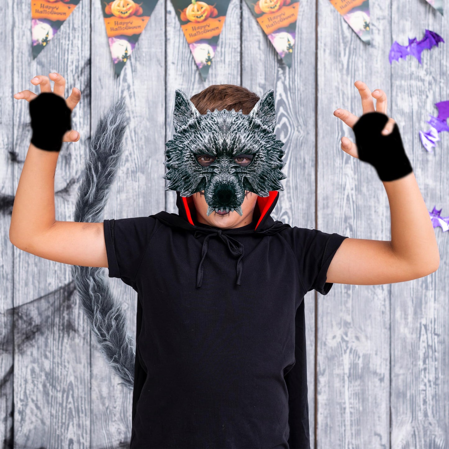 D-Fokes 4 PCS Werewolf Costume Set - Realistic Wolf Mask, Gloves and Tail - Adult & Kids Cosplay Halloween Wolf Mask