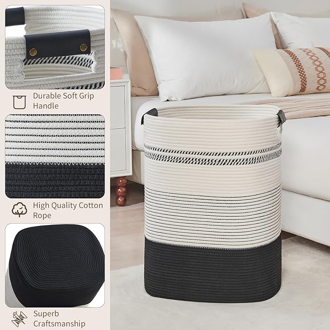 DOFASAYI Laundry Hamper - 85L Large Laundry Basket with Leather Handles, Decorative Storage Basket for Blankets - Clothes Hamper for Living Room, Bedroom, Black & White