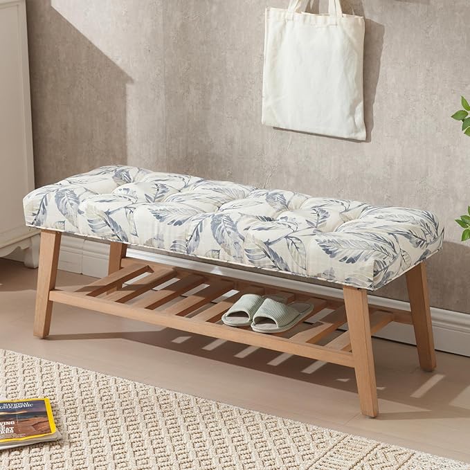 Janoray Entryway Shoe Bench Storage Benches with Upholstered Button Tufted Seat and Open Slatted Shelf Linen Shoe Rack for Hallway Living Room Bedroom End of Bed, Pattern