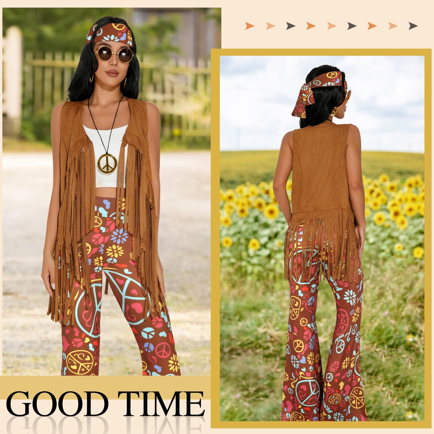 GERVAISE Womens 60s 70s Outfit Disco Hippie Costume Fringe Vest Boho Pants Accessories Set (Brown, Medium)