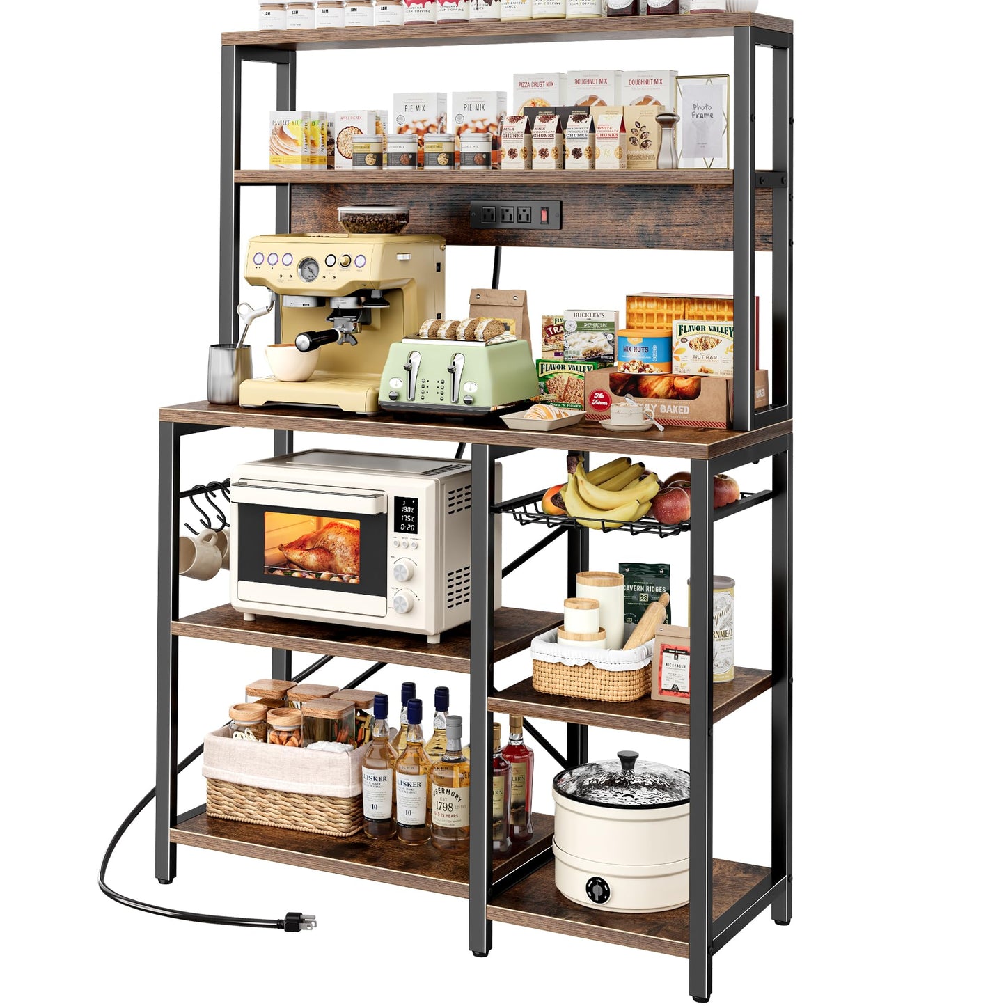 SUPERJARE Bakers Rack with Power Outlet, 35.4 Inches Coffee Bar with Wire Basket, Kitchen Microwave Stand with 6 S-Shaped Hooks, Open Storage Shelves, Rustic Brown