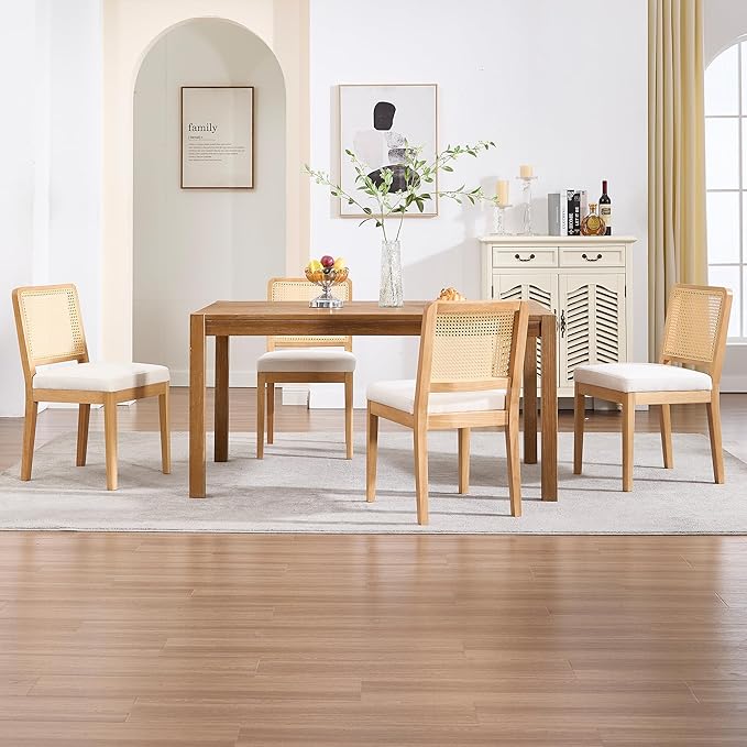 Farmhouse Rattan Dining Chairs Set of 4, Mid Century Modern Kitchen & Dining Room Chair, Rectangle Cane Upholstered Kitchen Chairs Side Chairs with Natural Wooden Legs, White Chenille