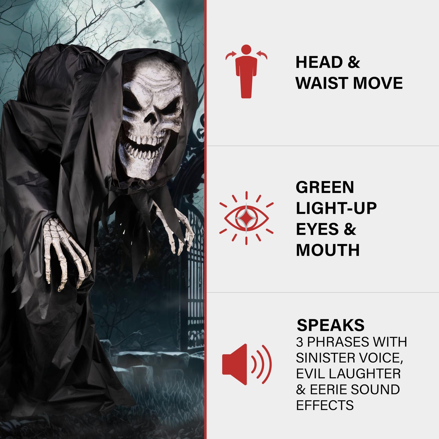 Haunted Hill Farm Motion-Activated Hunched Skeleton Reaper by Tekky, Talking Halloween Animatronic for Indoor or Covered Outdoor Creepy Halloween Decorations, Plug-in or Battery Operated Fright Props