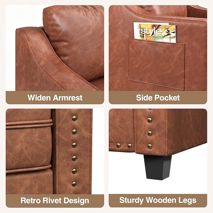 FiveWillowise Faux Leather Accent Chair Set of 2 for Living Room, 30 Inches Barrel Upholstered Armchair, Cozy Mid Century Modern Club Arm Chair Single Sofa for Bedroom, Apartment, Reading Room, Brown