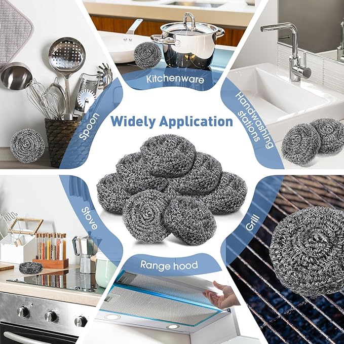 Roshtia 40 Pcs Stainless Steel Scrubber Bulk Large Steel Wool Scrubber 50 Gram Stainless Scourers Sponges Scouring Pads for Cleaning Dishes, Stoves, Pots, Pan, Cooker Hoods